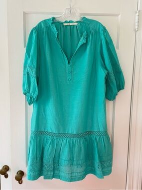 Marie Oliver Teal Peasant Mini Dress with Lace Trim